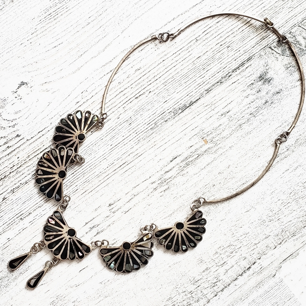 Mexico Sterling Black Onyx, MOP, Abalone Necklace.